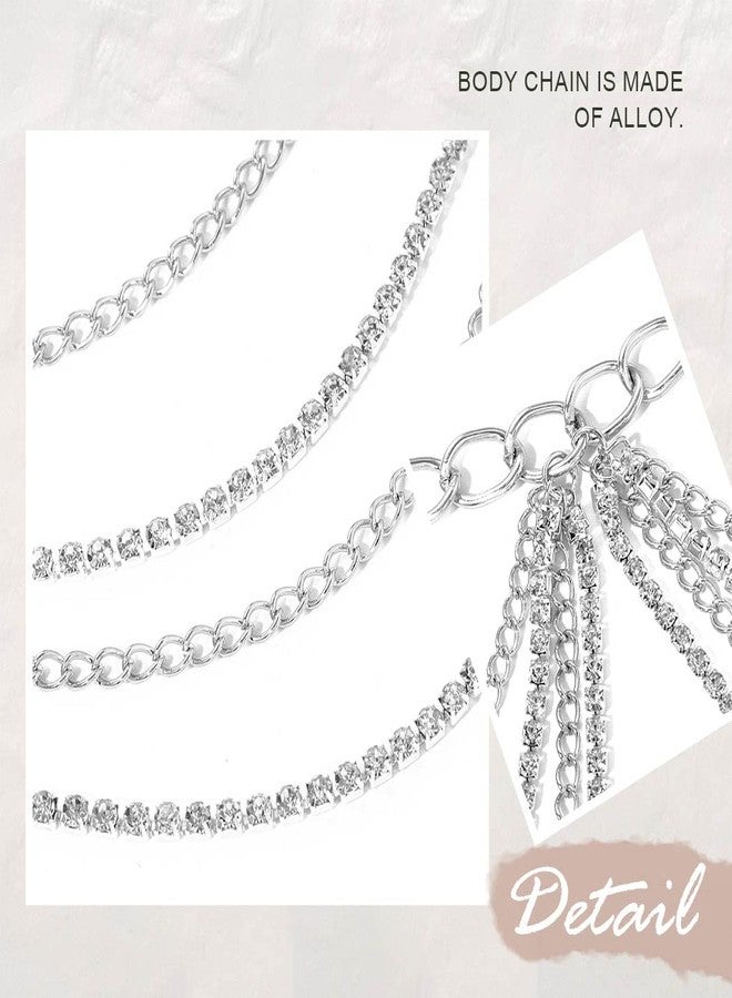 REETAN سلسلة بطن مرصعة بأحجار الراين من ريتان، إكسسوارات مجوهرات للجسم للنساء (فضية) - Image 3